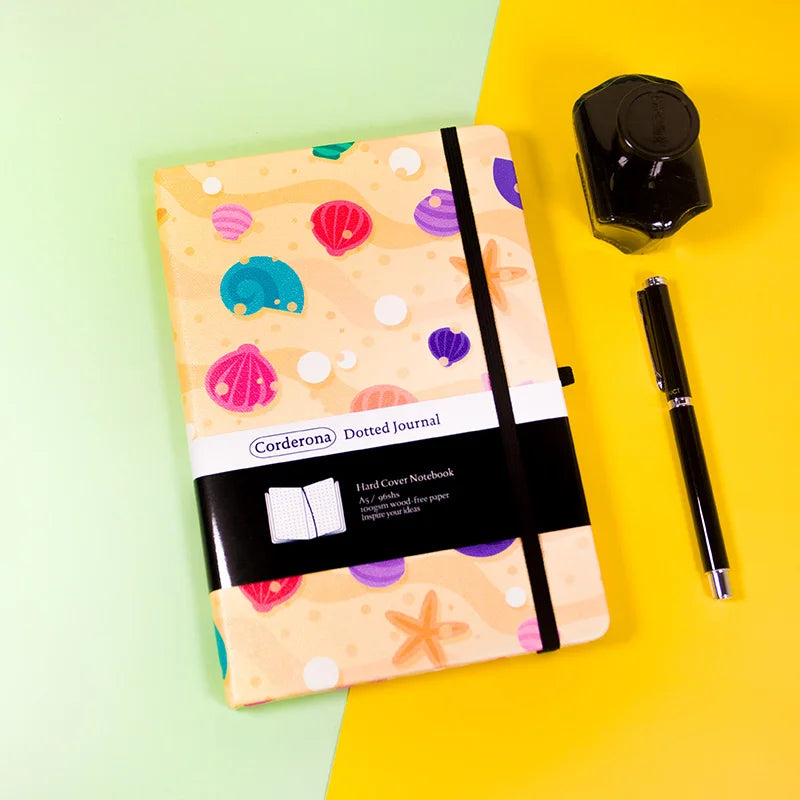 Seashells and Starfish Premium A5 Hardcover Journal Dot Grid Notebook with Elastic Band, Pen Loop, Inner Pocket, and Ribbon Marker
