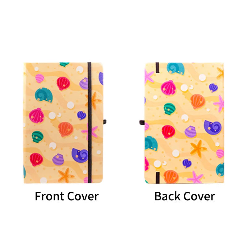 Seashells and Starfish Premium A5 Hardcover Journal Dot Grid Notebook with Elastic Band, Pen Loop, Inner Pocket, and Ribbon Marker
