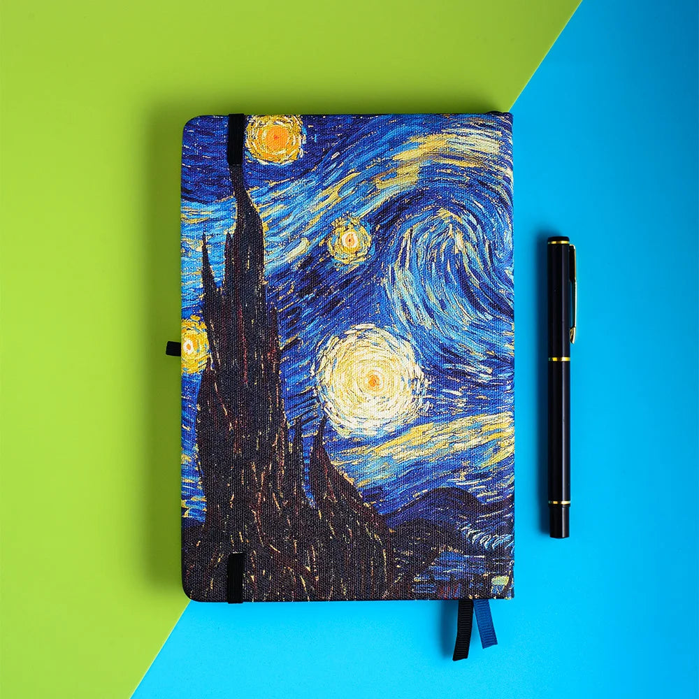 Van Gogh Starry Night Premium A5 Hardcover Journal Dot Grid, Lined, Blank Notebook with Elastic Band, Pen Loop, Inner Pocket, and Ribbon Marker