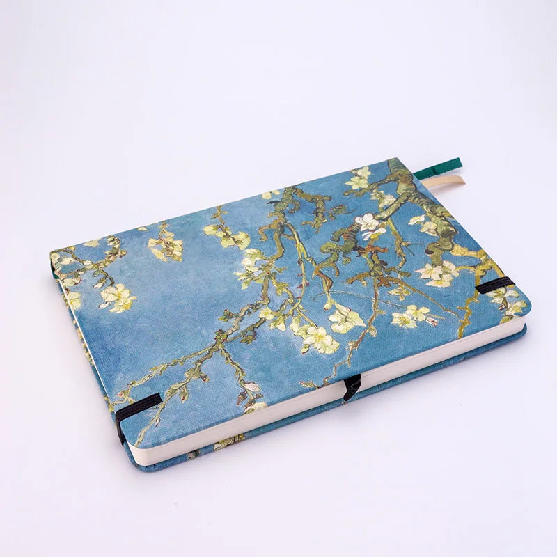 Van Gogh Blossoming Almond Tree Premium A5 Hardcover Journal Dot Grid, Lined Notebook with Elastic Band, Pen Loop, Inner Pocket, and Ribbon Marker