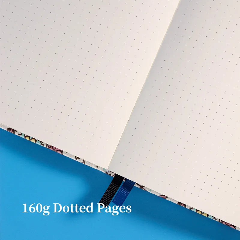 Kawaii Floral Premium A5 Hardcover Journal Dot Grid Notebook with Elastic Band, Pen Loop, Inner Pocket, and Ribbon Marker