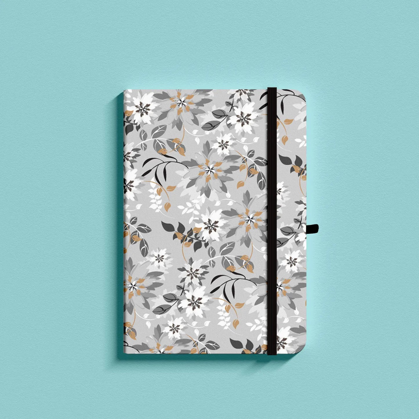 Grey Floral Premium A5 Hardcover Journal Dot Grid Notebook with Elastic Band, Pen Loop, Inner Pocket, and Ribbon Marker