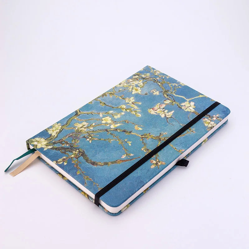 Van Gogh Blossoming Almond Tree Premium A5 Hardcover Journal Dot Grid, Lined Notebook with Elastic Band, Pen Loop, Inner Pocket, and Ribbon Marker