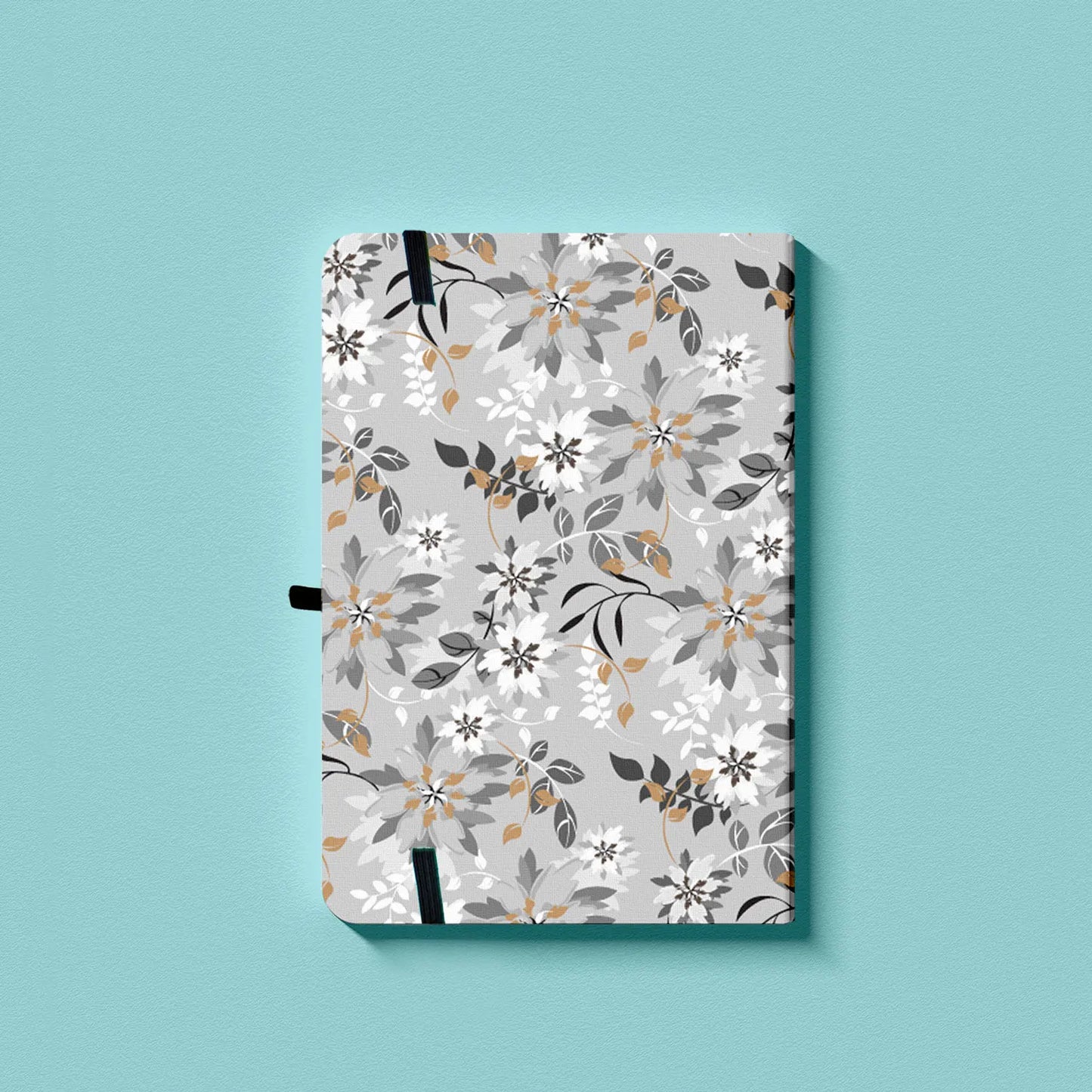 Grey Floral Premium A5 Hardcover Journal Dot Grid Notebook with Elastic Band, Pen Loop, Inner Pocket, and Ribbon Marker