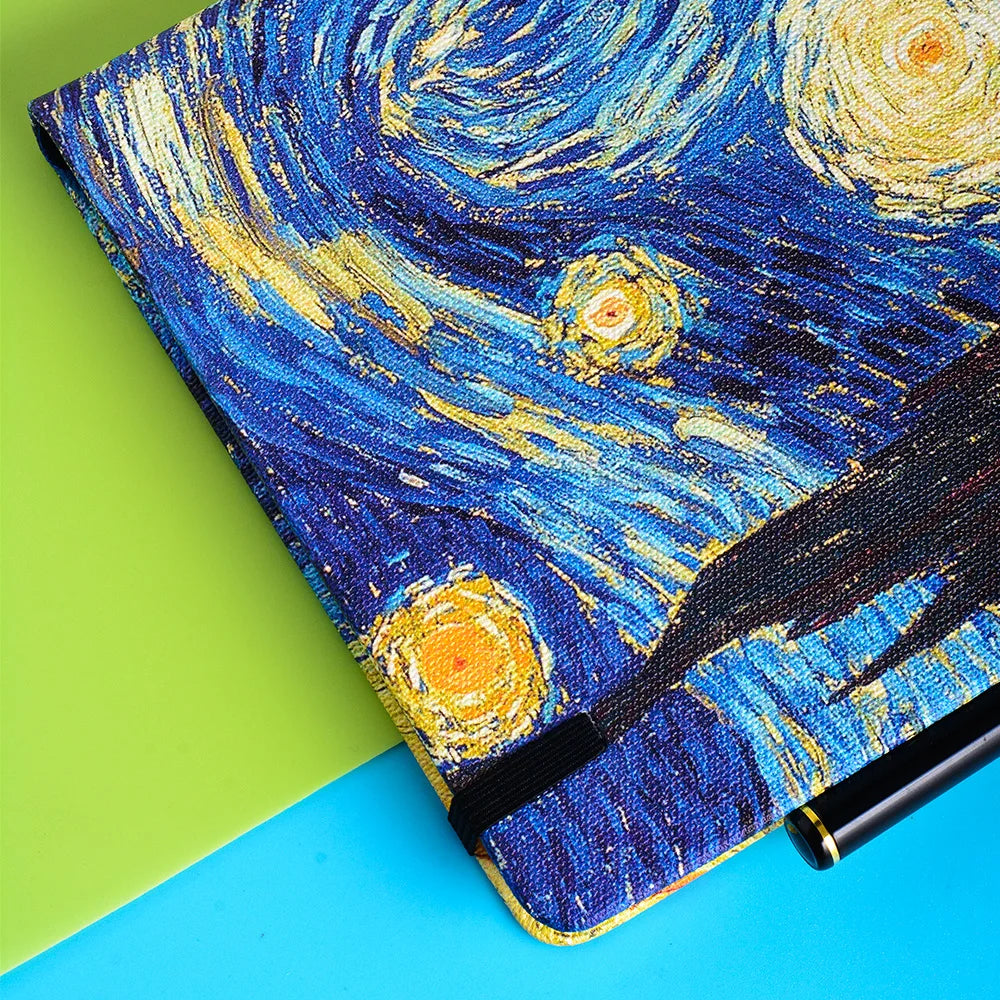 Van Gogh Starry Night Premium A5 Hardcover Journal Dot Grid, Lined, Blank Notebook with Elastic Band, Pen Loop, Inner Pocket, and Ribbon Marker