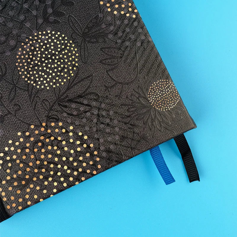Black Floral Premium A5 Hardcover Journal Dot Grid Notebook with Elastic Band, Pen Loop, Inner Pocket, and Ribbon Marker