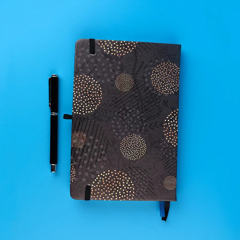 Black Floral Premium A5 Hardcover Journal Dot Grid Notebook with Elastic Band, Pen Loop, Inner Pocket, and Ribbon Marker
