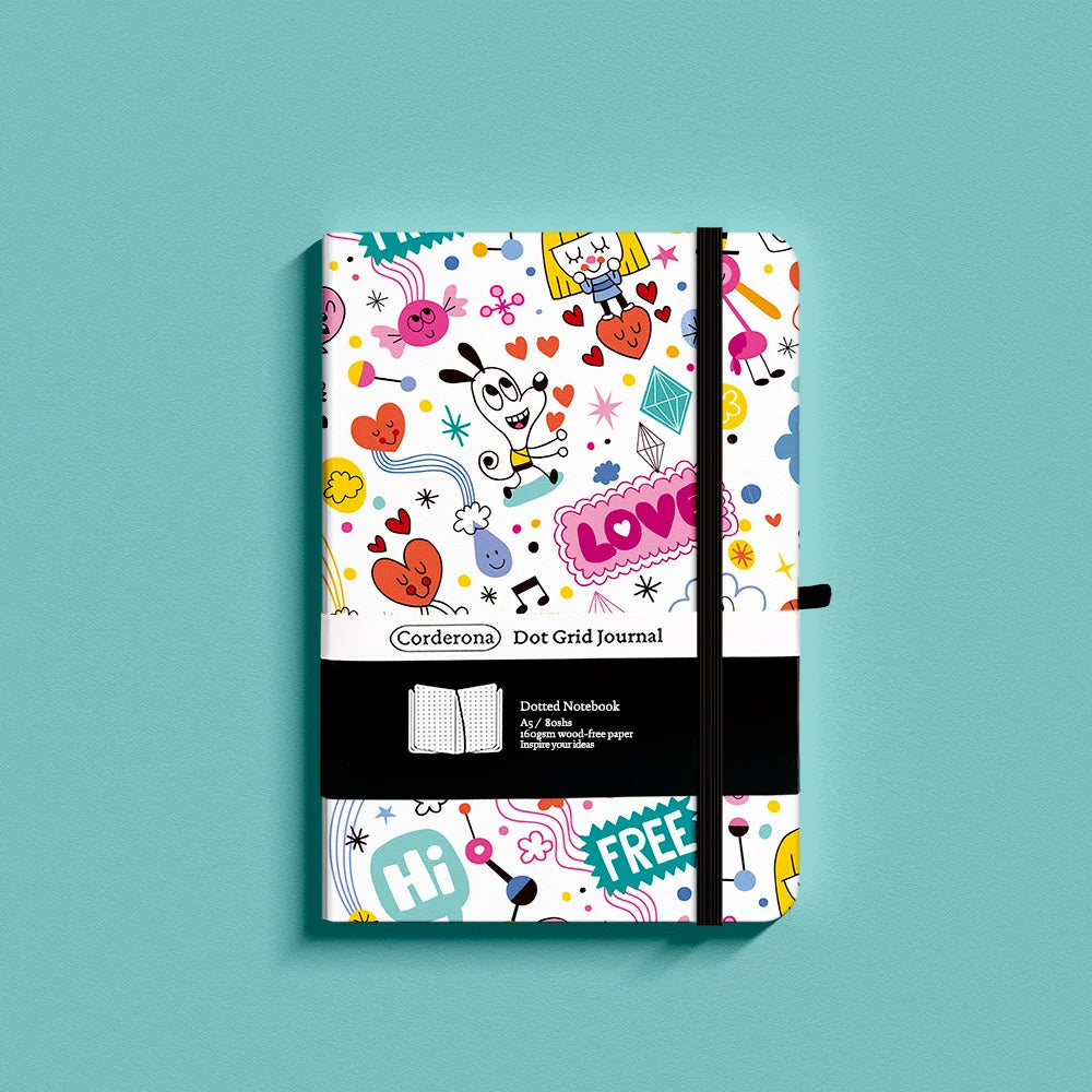 Lovely Dog Premium A5 Hardcover Journal Dot Grid Notebook with Elastic Band, Pen Loop, Inner Pocket, and Ribbon Marker