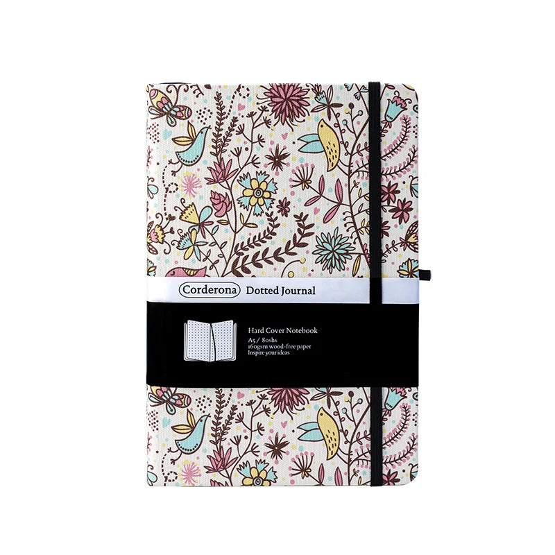 Kawaii Floral Premium A5 Hardcover Journal Dot Grid Notebook with Elastic Band, Pen Loop, Inner Pocket, and Ribbon Marker