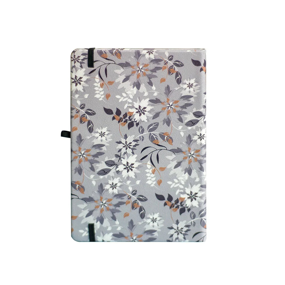 Grey Floral Premium A5 Hardcover Journal Dot Grid Notebook with Elastic Band, Pen Loop, Inner Pocket, and Ribbon Marker