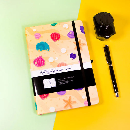 Seashells and Starfish Premium A5 Hardcover Journal Dot Grid Notebook with Elastic Band, Pen Loop, Inner Pocket, and Ribbon Marker