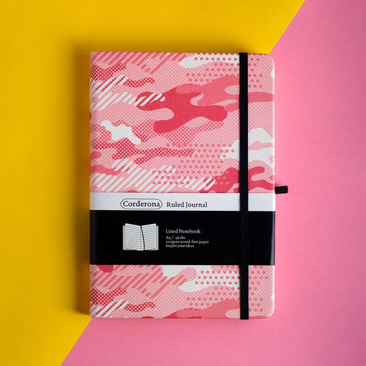Pink Camouflage Premium A5 Hardcover Journal Dot Grid Notebook with Elastic Band, Pen Loop, Inner Pocket, and Ribbon Marker
