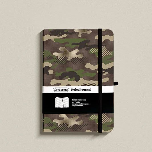 Camouflage Premium A5 Hardcover Journal Lined Notebook with Elastic Band, Pen Loop, Inner Pocket, and Ribbon Marker