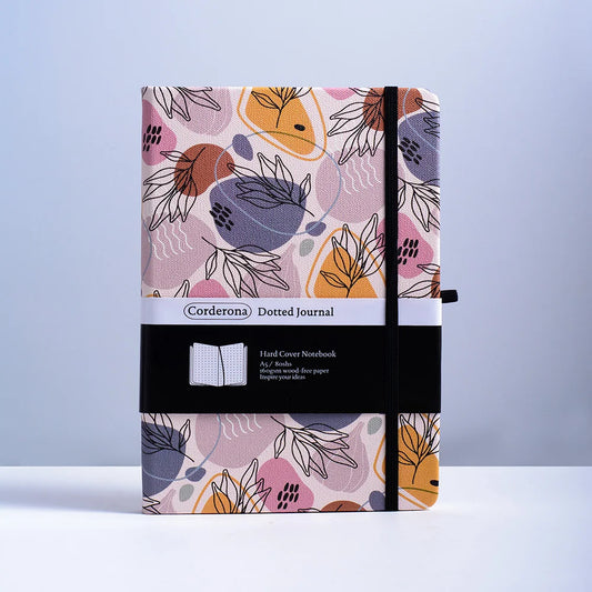Boho Floral Premium A5 Hardcover Journal Dot Grid Notebook with Elastic Band, Pen Loop, Inner Pocket, and Ribbon Marker