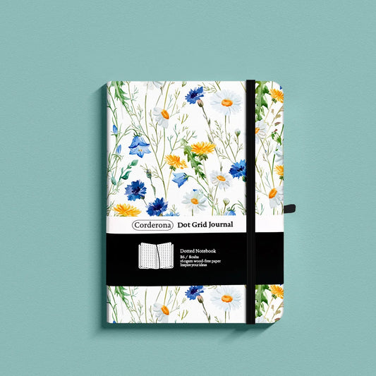Floral Premium A5 Hardcover Journal Dot Grid Notebook with Elastic Band, Pen Loop, Inner Pocket, and Ribbon Marker