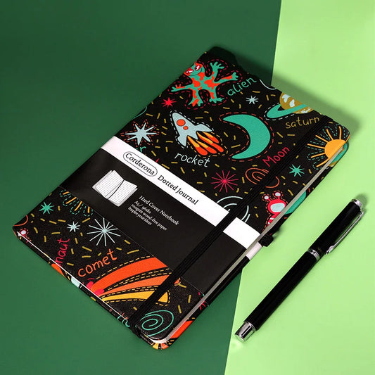 Black Space Premium A5 Hardcover Journal Dot Grid Notebook with Elastic Band, Pen Loop, Inner Pocket, and Ribbon Marker