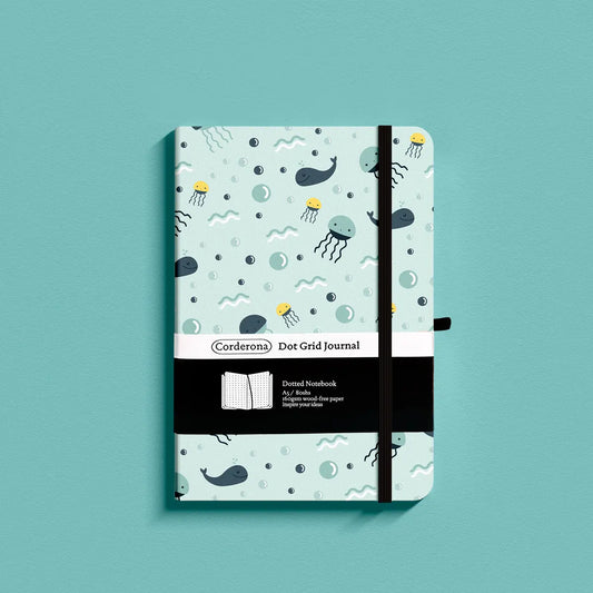 Whale and Jellyfish Premium A5 Hardcover Journal Dot Grid Notebook with Elastic Band, Pen Loop, Inner Pocket, and Ribbon Marker
