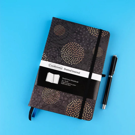 Black Floral Premium A5 Hardcover Journal Dot Grid Notebook with Elastic Band, Pen Loop, Inner Pocket, and Ribbon Marker