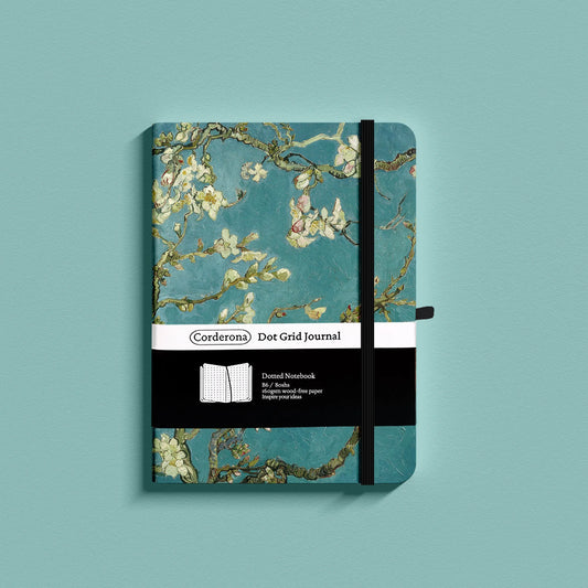 Van Gogh Blossoming Almond Tree Premium A5 Hardcover Journal Dot Grid, Lined Notebook with Elastic Band, Pen Loop, Inner Pocket, and Ribbon Marker