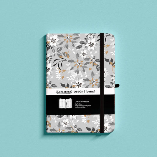 Grey Floral Premium A5 Hardcover Journal Dot Grid Notebook with Elastic Band, Pen Loop, Inner Pocket, and Ribbon Marker