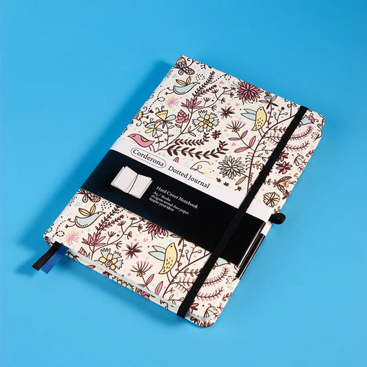 Kawaii Floral Premium A5 Hardcover Journal Dot Grid Notebook with Elastic Band, Pen Loop, Inner Pocket, and Ribbon Marker