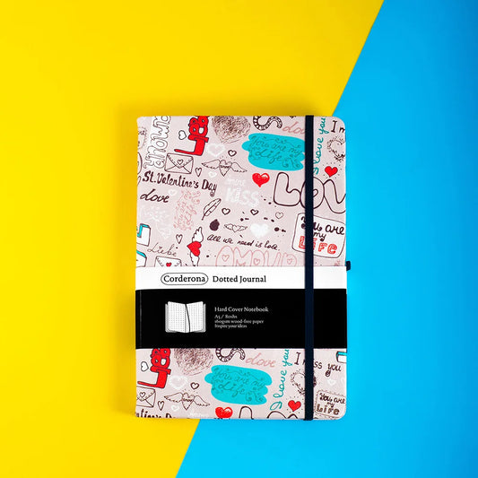 Cartoon Love Premium A5 Hardcover Journal Dot Grid Notebook with Elastic Band, Pen Loop, Inner Pocket, and Ribbon Marker