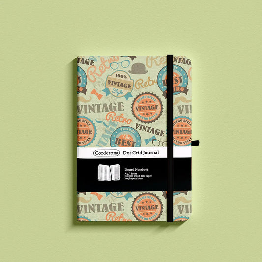 Retro Vintage Premium A5 Hardcover Journal Dot Grid Notebook with Elastic Band, Pen Loop, Inner Pocket, and Ribbon Marker